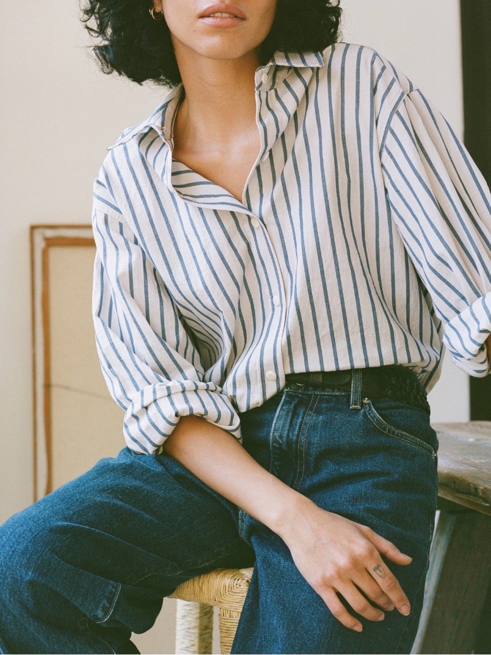 EUC Ozma Marcie Shirt Cotton Button Down in Riviera Stripe size M/L